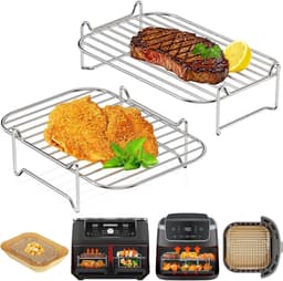 2-delige Airfryerrek - Stapelbaar airfryerrek - Roestvrijstalen airfryerrek - Hittebestendig - Airfryeraccessoires - 20,2*13,1*5,4 cm - Geschikt voor het braden van kip, friet, kipnuggets, enz. - Zilver — thumbnail 1