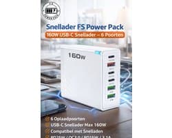 Snellader FS Power Pack 160W USB-C Snellader – 6 Poorten (3× USB-C + 3× USB-A) – PD & QC3.0 – Multi-Poort Oplader voor Smartphone, Tablet & Laptop – Zwart-Wit – Inclusief EU Stekker