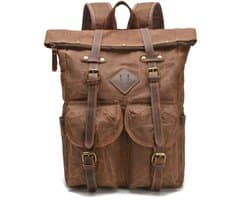 DE LAMASSU® Vintage Canvas Rugzak 45 cm – Unisex Laptop Rugtas 25L – Gewaxed Canvas met Echt Leer – Waterafstotend