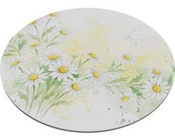 Ronde Muismat Aquarel Series - Witte Madeliefjes en Gele Bloemen Print - Botanische Natuur Schildering voor Kantoor en Thuiswerkplek - Uniek Bureau Accessoire Cadeau voor haar: Vriendin & Collega - Decoratieve Computer Muis Mat voor Laptop en PC