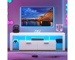 TV-meubel hoogglans met RGB LED-verlichting 160 × 35 × 45 cm – TV kast / TV lowboard voor 55-70 inch televisie met 2 grote kasten, glazen planken en opbergruimte – Modern wit – Depauw