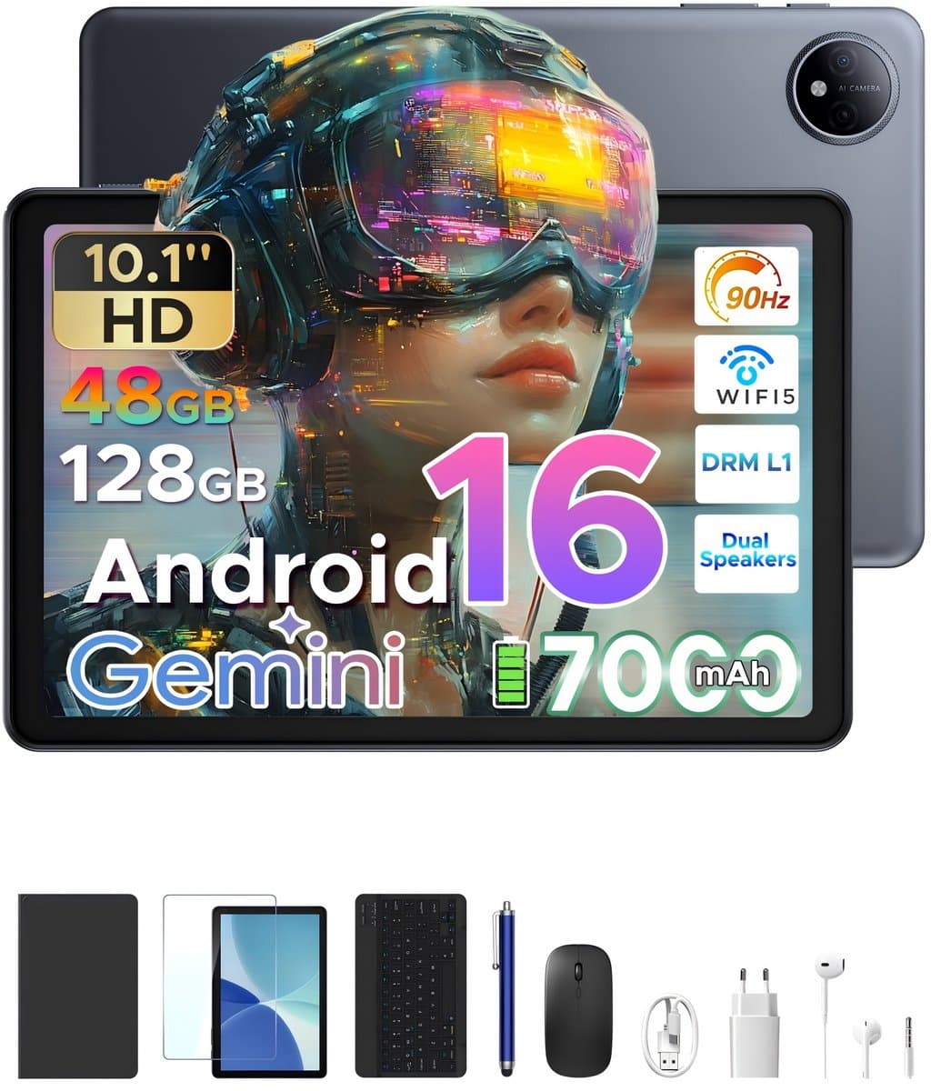 POCKAM P10 TAB - Gemini AI Tablet - 48 GB RAM (8+40 GB) + 128 GB ROM - 10,1 inch HD- Android 16 - 7000mAh - Quad-Core T310 - Dubbele luidsprekers - Volledige accessoirebundel met toetsenbord en stylus — afbeelding 1