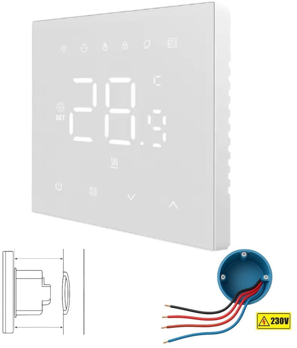 Wifi Inbouw Thermostaat | Touchscreen | Wifi | App bediening | Inbouw | Programmeerbaar | Tuya Smart Life | Wit — afbeelding 1