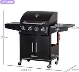 Gasbarbecue - Gasbarbecue en grill - 4 Branders - Verrijdbare Barbecuewagen - met Grillrooster, 4 Wielen, Bijzettafels, Drukregelaar, Slangen, Hermometer en Warmhoudplaten - Zwart — thumbnail 4