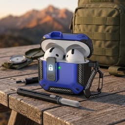 Blauw robuust hoesje voor oordopjes met carbon look geschikt voor AirPods Pro 2 inclusief schoonmaakset en karabijnhaak – schokbestendig en duurzaam — thumbnail 3