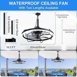 Plafondventilator met lamp - Ventilatorlamp - Buitenruimte Verkoeling - Waterdicht IP44 - 48x48x15 cm - Zwart — thumbnail 3