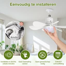 Rosnek E27 Socket Fan met Verlichting - Draadloze Mini Plafondventilator - Inschroefbare Ventilator Lamp Dimbaar - Geheugenfunctie - Slaapkamer/Garage - Wit — thumbnail 3