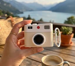 Wit hoesje voor oordopjes unisex in retro camera vorm met karabijnhaak geschikt voor AirPods Pro 2 met reliëf details en compact ontwerp — thumbnail 5