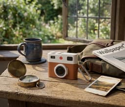 Bruin wit hoesje voor oordopjes unisex in retro camera vorm met karabijnhaak geschikt voor AirPods 4 met leerlook structuur en reliëf details — thumbnail 5