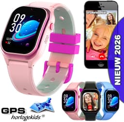 GPSHorlogeKids© - smartwatch kinderen - GPS horloge kind - kleinste model 2026 - kinder smartwatch - 4G videobellen - SOS alarm – veilige zone - klasse tijd - alarm - spatwaterdicht - hartslag - incl. SIM - CURVE roze — thumbnail 1