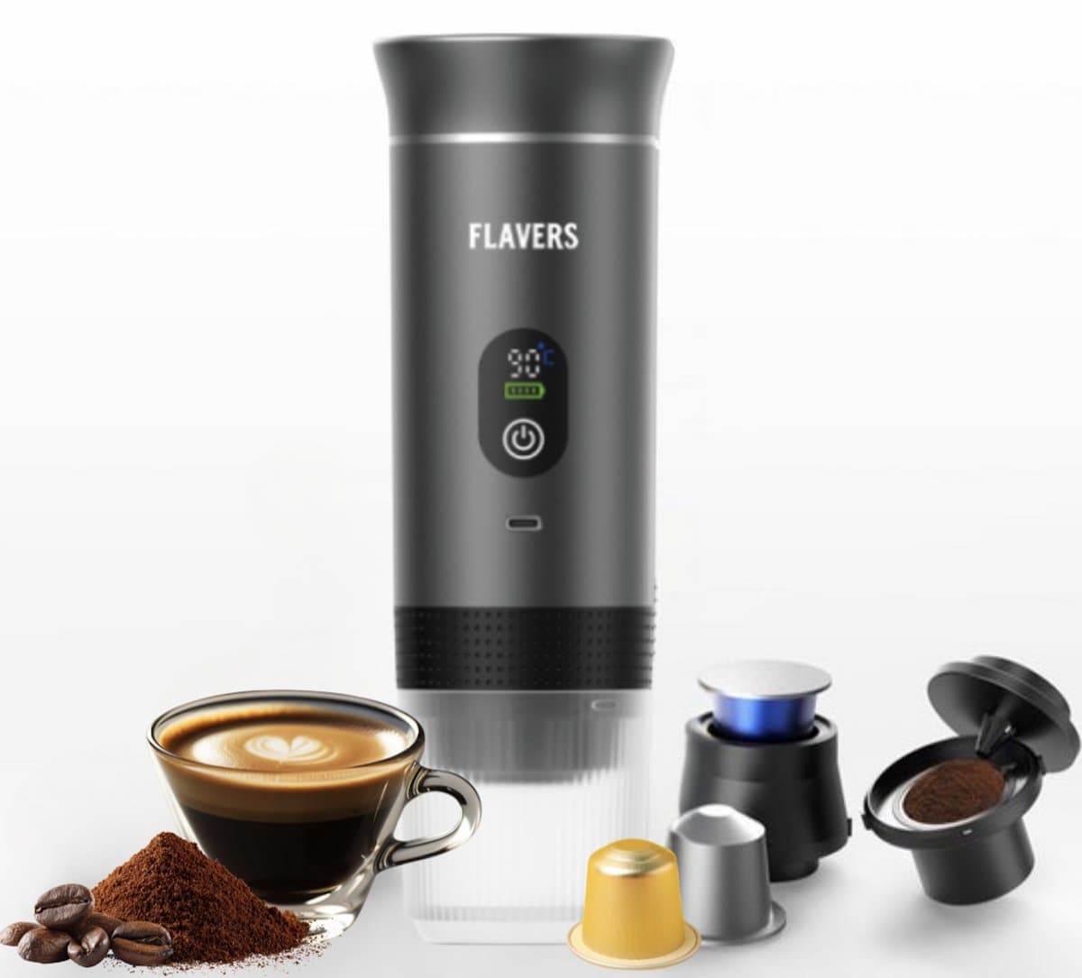 Flavers ® | Draagbare Elektrische Espressomachine | 2026 model | Grijs | Koffiezet apparaat voor Onderweg | Capsules & Gemalen Koffie | Portable Espresso Machine | Cadeauset | koffiemaatje | Draagbare Koffiemachine | Reis & Camping Koffiezetapparaat — afbeelding 1