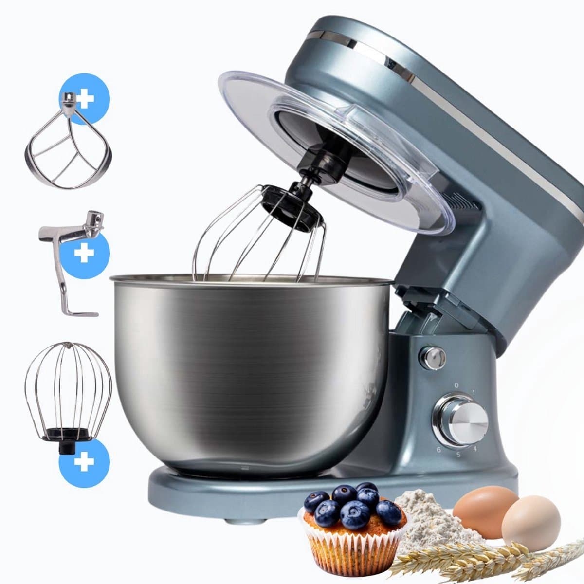 BluMill Keukenmachine - RVS - 6 Snelheden - Keukenmachine met kom - 5 Liter - met Accessoires - 1200W - Metallic Blauw — afbeelding 1