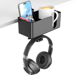4-in-1 bureaubekerhouder met hoofdtelefoonhouder - Draaibare hoofdtelefoonhouder en afneembare opbergruimte voor bekers, telefoons en pennen (zwart). — thumbnail 1