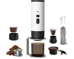 Draagbaar Koffiezetapparaat - Draadloos voor in de Auto - 12 Volt - Espress - Capsule Koffie - Gemalen Koffie - Cups - Oplaadbaar - Draagbare Koffiemachine - Wit