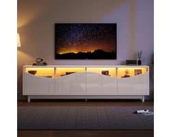 TV Lowboard Urbanhome Luminara – 175 cm hoogglans TV-kast met LED-verlichting, 4 gebogen deuren met gehard glas – Witte moderne TV-kast voor woonkamer en slaapkamer, geschikt voor televisies tot 70 inch