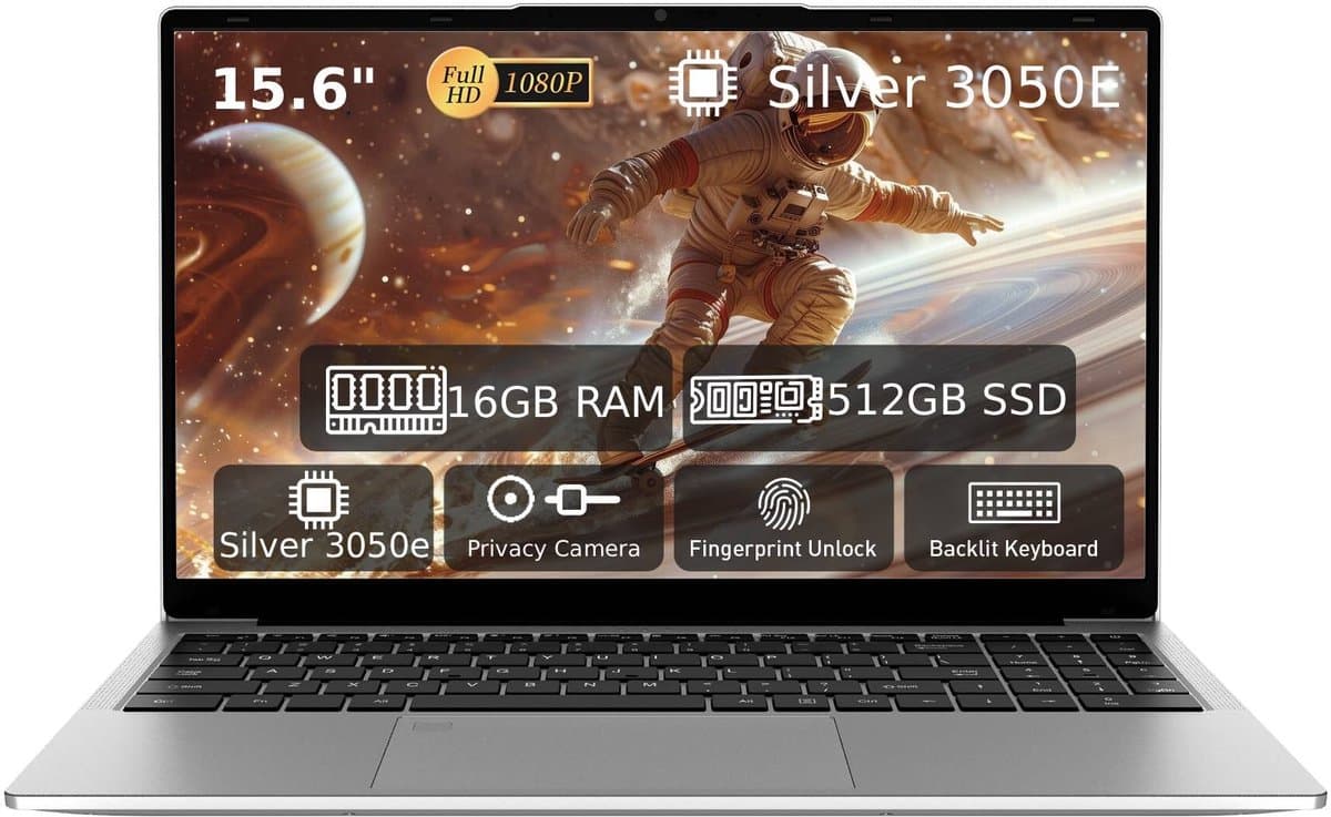 Laptop 15,6 inch, 16 GB DDR4, 512 GB SSD, Dual-Core 3050E (tot 2,80 GHz), notebook met vingerafdruksensor, verlicht toetsenbord, dubbele luidsprekers, HDMI, laptop voor studenten en kantoor — afbeelding 1