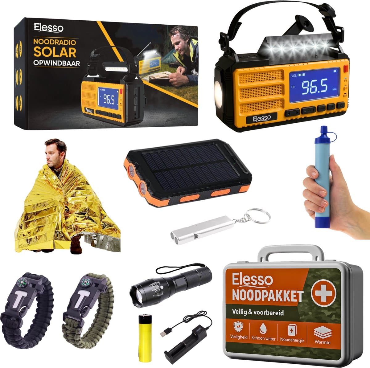 Elesso® Noodradio - Compleet Overlevingspakket bij Oorlog, Rampen & Stroomuitval - 10.000mAh Noodradio Solar Opwindbaar en Batterij - 72 uur Survival Kit powerbank - Kamperen & Outdoor — afbeelding 1