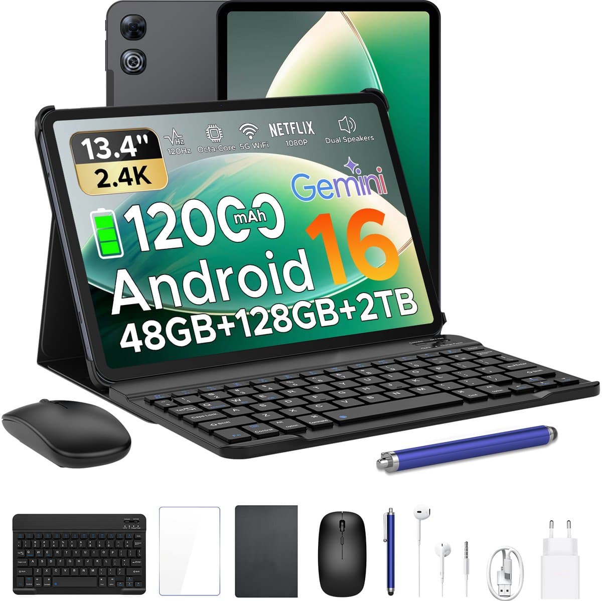 Aorlym P13 - Tablet - Tablets - 48 GB RAM + 128 GB ROM - 13,4 inch 2,4K 120 Hz - Android 16 - Gemini AI - 12000 mAh/18 W - Face ID - Widevine L1 - 13 MP + 8 MP camera - Dubbele luidsprekers - Tablet met toetsenbord en pennenhouder - Zwart — afbeelding 1