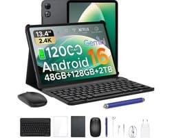 Aorlym P13 - Tablet - Tablets - 48 GB RAM + 128 GB ROM - 13,4 inch 2,4K 120 Hz - Android 16 - Gemini AI - 12000 mAh/18 W - Face ID - Widevine L1 - 13 MP + 8 MP camera - Dubbele luidsprekers - Tablet met toetsenbord en pennenhouder - Zwart