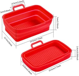 2 stuks - Rechthoekige airfryermand - Opvouwbare siliconen frituurplaat - Rood - Siliconen binnenpan voor airfryer - Rechthoekige siliconen mand — thumbnail 2