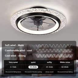 Crystal Ventilator Lamp - Zwart - 50 cm - LED - Dimbaar - Met Afstandsbediening en APP - 6 Snelheden - Stille Flush Mount Ventilator - Moderne Slaapkamerlamp — thumbnail 4