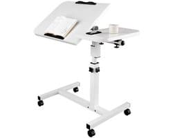 Bijzettafel Laptop Verstelbaar & Kantelbaar Werkblad – Mobiele Bureau Bijzettafel Met Wieltjes Stevig & Praktisch Verrijdbaar – Robuust Staal Frame Met Houten Blad Voor Bed En Bank | Extra Stabiel Design