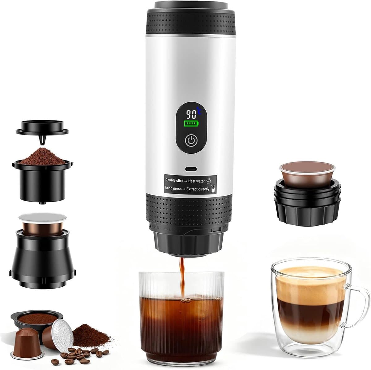 2026 Nieuw Koffiezetapparaat - 3 in 1 Mini Koffiemachine - Draagbare koffiemachine - Compatibel met capsules en gemalen koffie | 80ml - Koude en warme extractie - Eenvoudig te bedienen - Voor kamperen in de auto en op reis - Wit — afbeelding 1