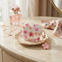 Transparant roze hoesje voor oordopjes dames met bloemen patroon en decoratieve hanger geschikt voor AirPods Pro 2 met ronde vorm en goudkleurige clip — thumbnail 3