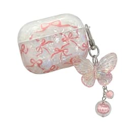 Wit transparant parelmoer hoesje voor oordopjes dames met roze strik patroon en vlinder hanger geschikt voor AirPods Pro 3 hardcase beschermhoes — thumbnail 1