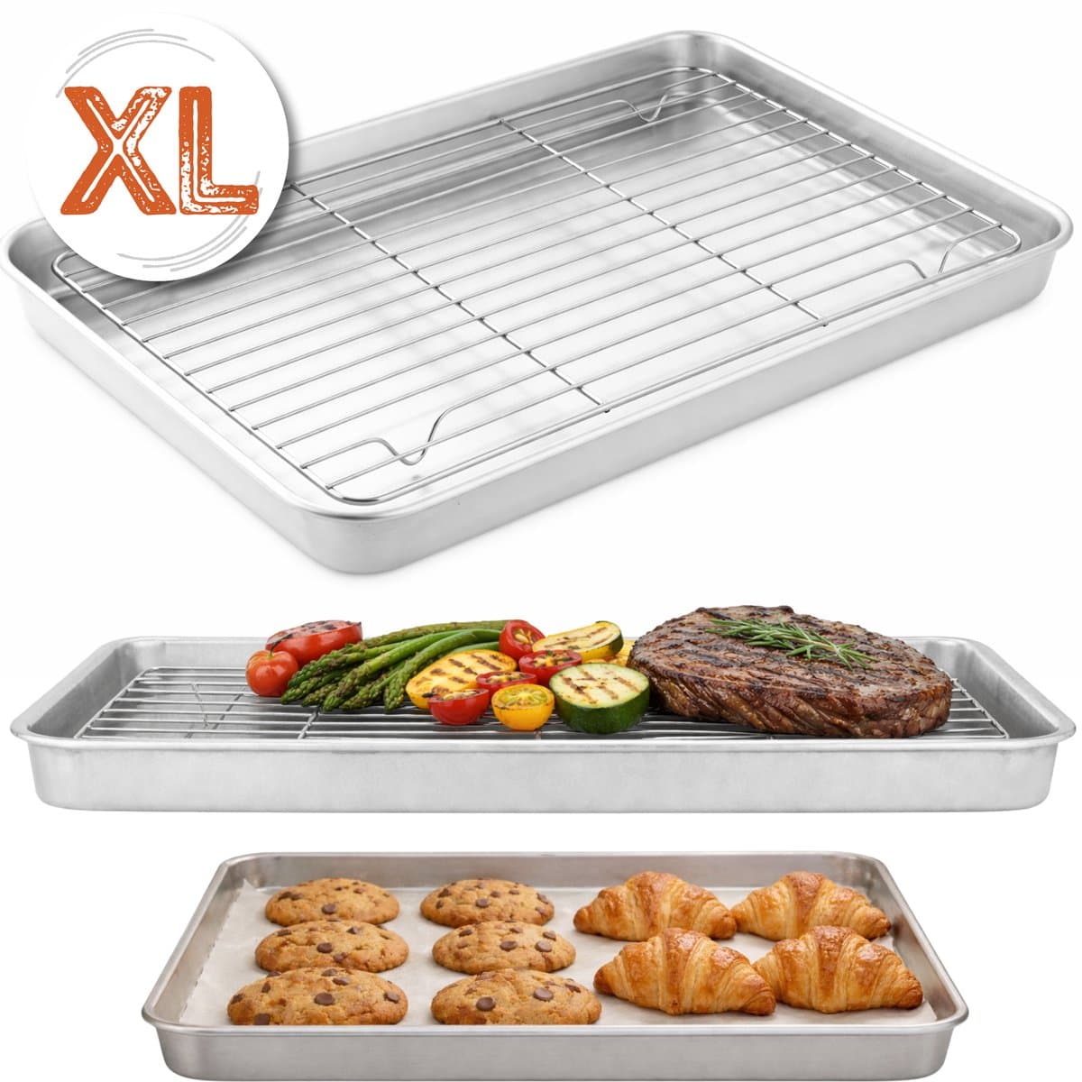 Braadslede met Afkoelrooster 304 RVS - 31,8 x 24,8 x 3 cm – Bakplaat voor Oven, BBQ & Airfryer – Zilver — afbeelding 1