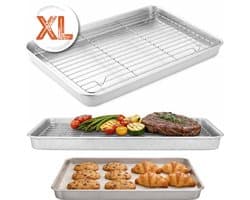 Braadslede met Afkoelrooster 304 RVS - 31,8 x 24,8 x 3 cm – Bakplaat voor Oven, BBQ & Airfryer – Zilver