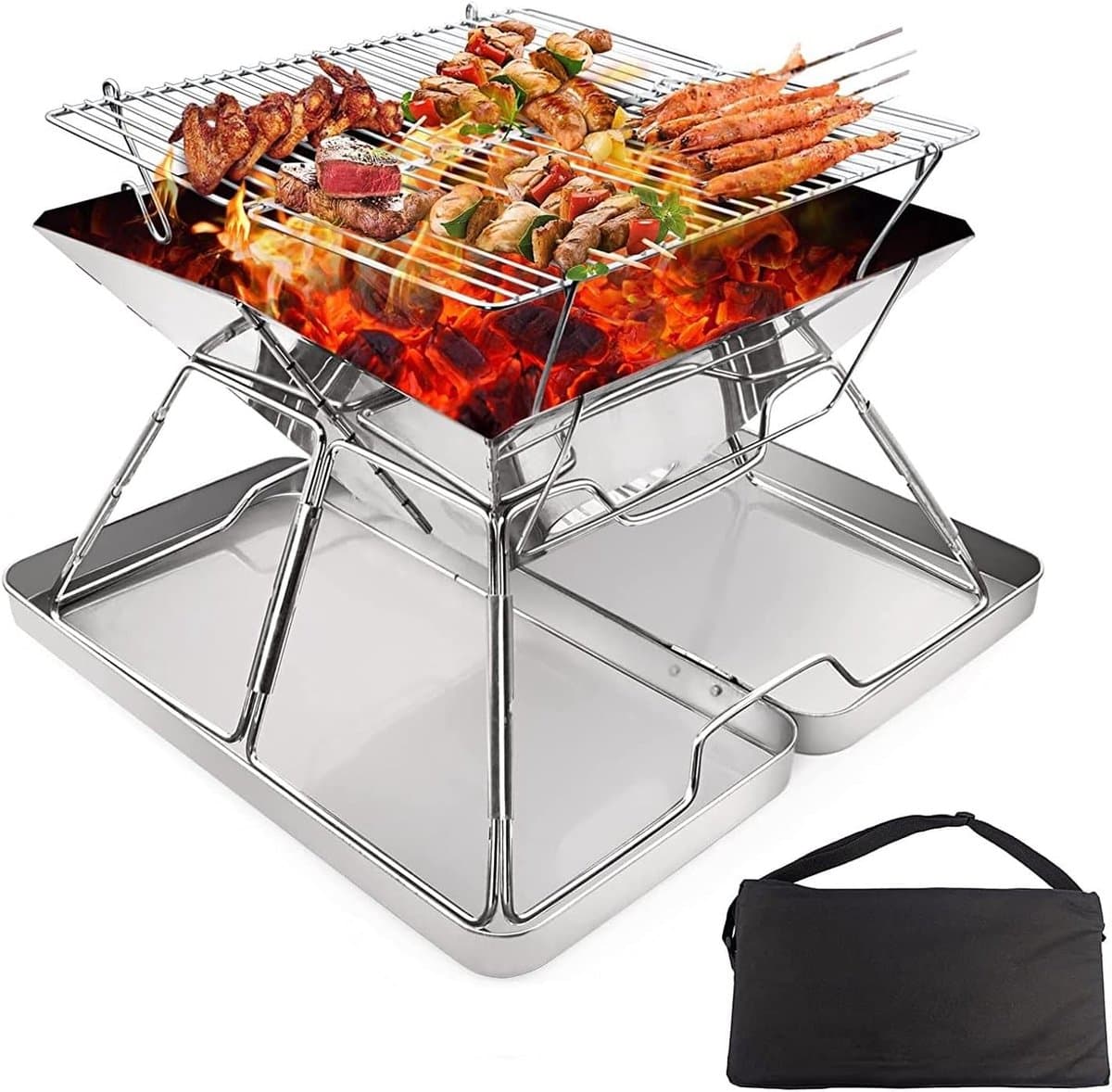 Opvouwbaar Roestvrij Stalen Vuurplaats Barbecuerek - Draagbare Houtskoolgrill voor Camping en Picknick met Draagtas — afbeelding 1