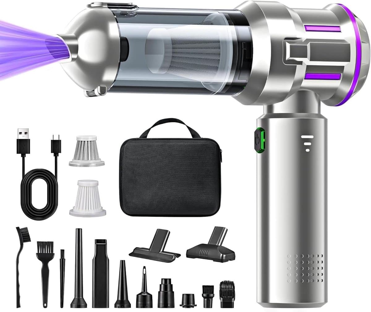 Sander Shop 4-in-1 Draadloze Handstofzuiger, Mini Auto Stofzuiger Stofblazer, 16.000 Pa Krachtige Krachtige Zuigkracht borstelloze motor, 6000mAh batterij, 1-touch leegmaken, voor auto/thuis Zwart, EVA-tas — afbeelding 1
