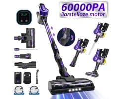 Grenintol Steelstofzuiger – Steelstofzuiger Draadloos – Draadloze Stofzuiger – 60000Pa /500W Touchscreen en Anti - Klit Borstel – Steelstofzuigers 2500 mAh Accu – 60 minuten – 1,2L Stofbak - Geschikt Voor Tapijt, Harde Vloeren en Dierenhaar – Paars