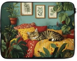 Laptophoes 17 inch - Kat - Planten - Groen - Laptop sleeve - Binnenmaat 41x28 cm - Zwarte achterkant