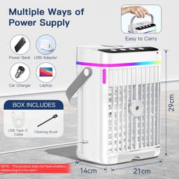 Mini Airco - Mobiele Aircooler - Ventilator & Nachtlamp - Luchtkoeler met Waterreservoir - Verkoeling voor Thuis & Kantoor - USB Aansluiting - 4-in-1 Koelsysteem - Wit — thumbnail 5