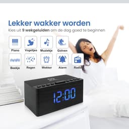 Neveda Digitale Wekkerradio Met Draadloze Oplader Telefoon - Wekkers digitaal op netstroom - Klokradio Slaapkamer - Voor kinderen & Volwassenen - Zwart hout — thumbnail 2