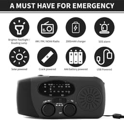 Noodradio - Noodradio Opwindbaar - 2000 mAh - Noodradio Solar Opwindbaar - Oplaadbaar & Op Batterijen - Powerbank - Solar - Zaklamp - Voor Rampen/Camping - Handmatige Crank - Zwart — thumbnail 2