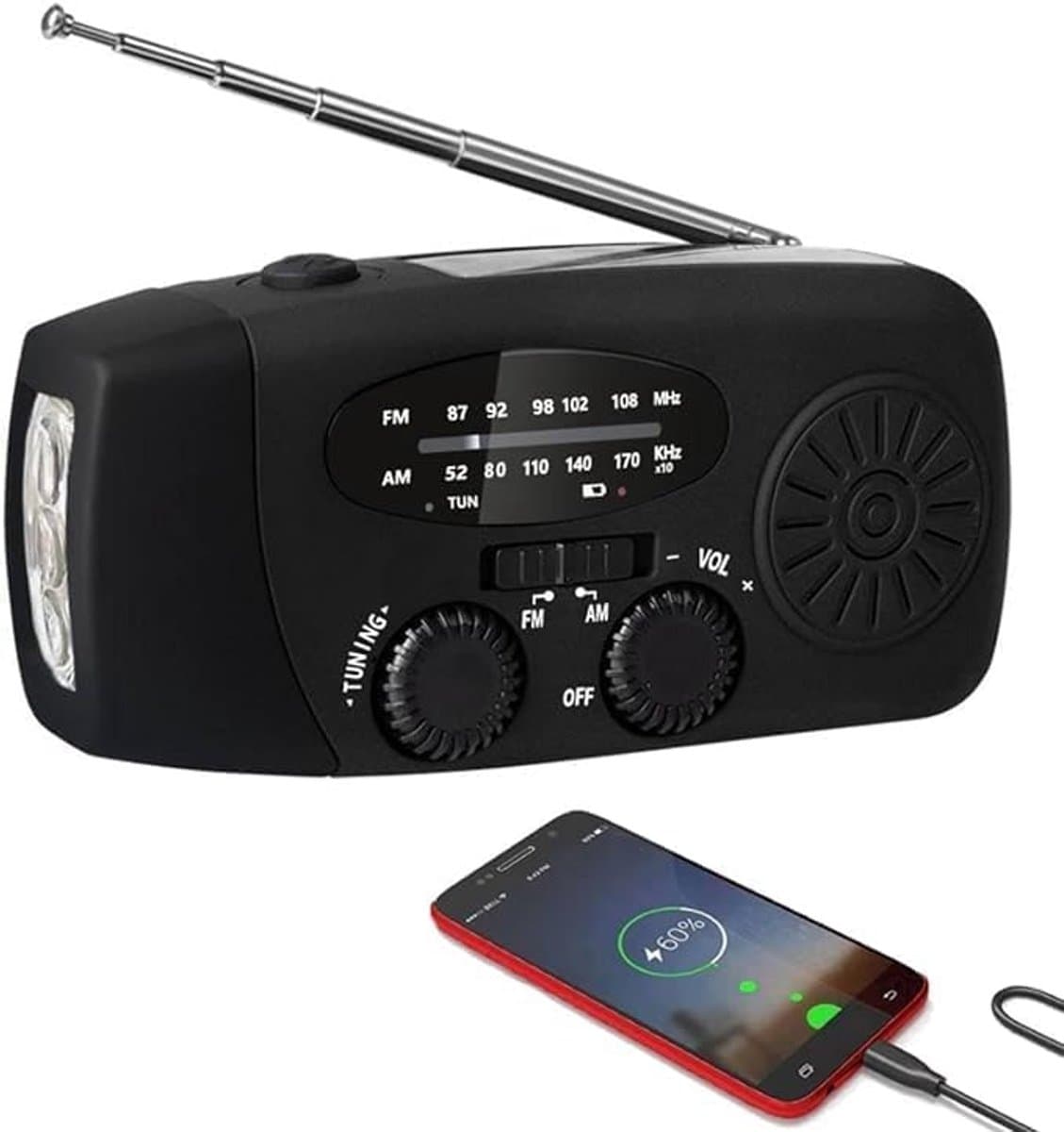 Noodradio - Noodradio Opwindbaar - 2000 mAh - Noodradio Solar Opwindbaar - Oplaadbaar & Op Batterijen - Powerbank - Solar - Zaklamp - Voor Rampen/Camping - Handmatige Crank - Zwart — afbeelding 1