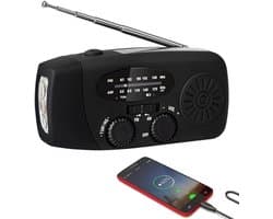 Noodradio - Noodradio Opwindbaar - 2000 mAh - Noodradio Solar Opwindbaar - Oplaadbaar & Op Batterijen - Powerbank - Solar - Zaklamp - Voor Rampen/Camping - Handmatige Crank - Zwart