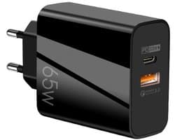 65W USB-C + USB - GaN Snellader - Dual Port PD 33W & QC 3.0 - Universele Laptop en Smartphone Oplader adapter lader - zwart