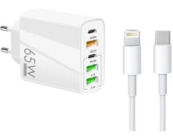 65W 5-Poorts USB Lader met Dual USB-C PD + 3X USB-A - Inclusief 1 meter 3A USB-C naar 8-Pin Kabel - Snellader - wit