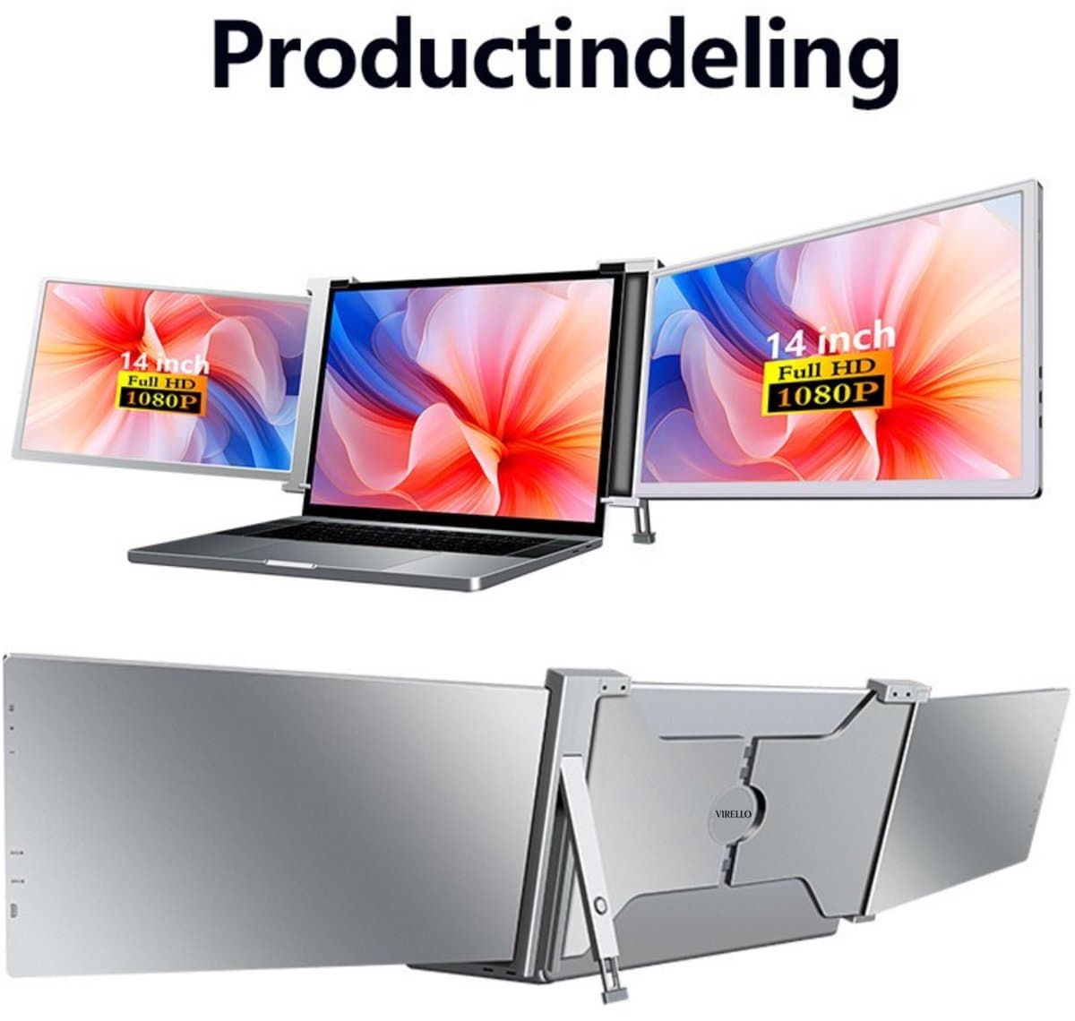 Virello® Portable Monitor Pro 2025 - 2x Full‑HD IPS 14″ scherm - Voor Laptops van 14" t/m 17.3" - Laptopscherm uitbreider - USB-C/USB-A & HDMI - Inclusief Hoes & Kabels - Grijs - 2 jaar garantie — afbeelding 1