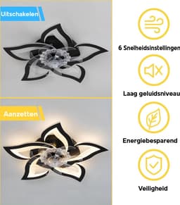 5 Lotus Ventilator Lamp - Plafondventilator - Zwart - Smart Lamp - Met Dimmer - 6 Standen Ventilator - Keuken Lamp - Woonkamerlamp - Moderne lamp — thumbnail 4
