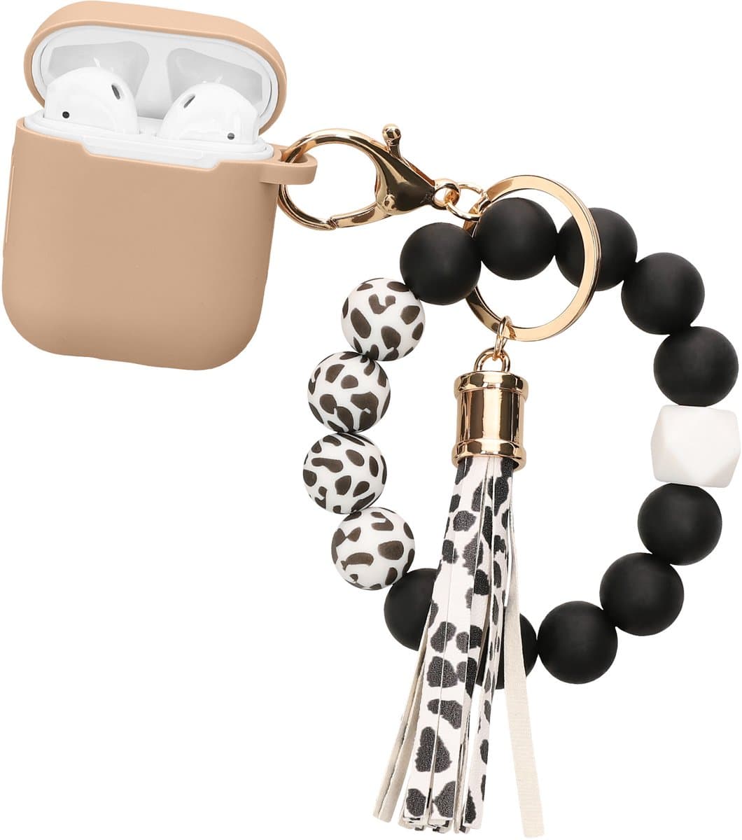 kwmobile Hoesje voor Apple Airpods 1 & 2 Case met Polsbandje – Siliconen Beschermhoes met Sleutelhanger – Hoofdtelefoonhoesje in cappuccino / zwart — afbeelding 1