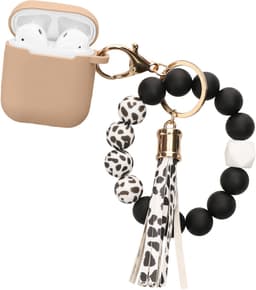 kwmobile Hoesje voor Apple Airpods 1 & 2 Case met Polsbandje – Siliconen Beschermhoes met Sleutelhanger – Hoofdtelefoonhoesje in cappuccino / zwart — thumbnail 1