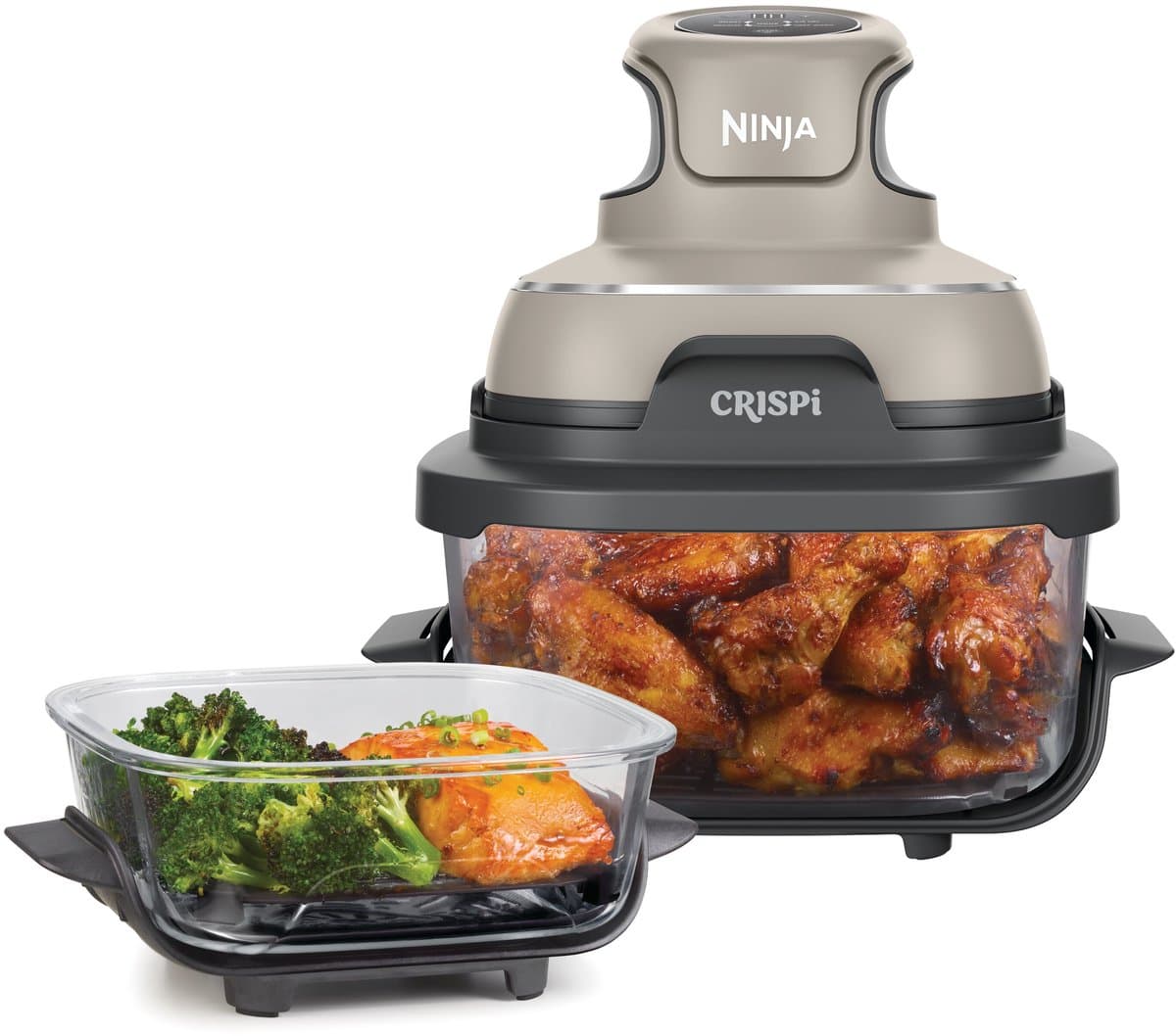 Ninja CRISPi 4-in-1 compact glazen kooksysteem - Airfryer, Roast, Recrisp, Keep Warm - Inclusief twee glazen schalen van 3.8L en 1.4L en bijpassende deksels - 2 Crisper-Plates - Grijs - FN101EUST — afbeelding 1