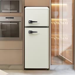 Retro koelkast. Koel-vriescombinatie, 105,5 cm hoog, 41 cm breed, twee deuren, met een totaal volume van 92 liter, vriesvolume van 28 liter. Deurvakken en glazen planken. 116 kWh/jaar, -27 °C ~13 °C, ledverlichting, wit — thumbnail 6