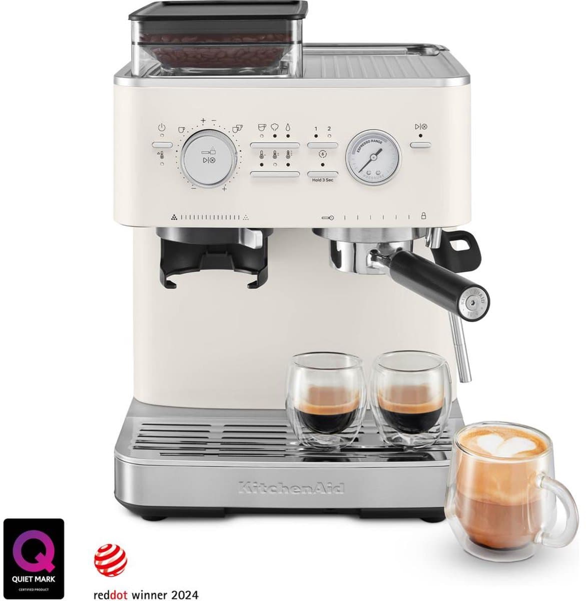 KitchenAid Halfautomatische Espressomachine - Ingebouwde koffiemolen, kantelbaar stoompijpje, 15 bar pomp en drukmeter - Porcelain White — afbeelding 1