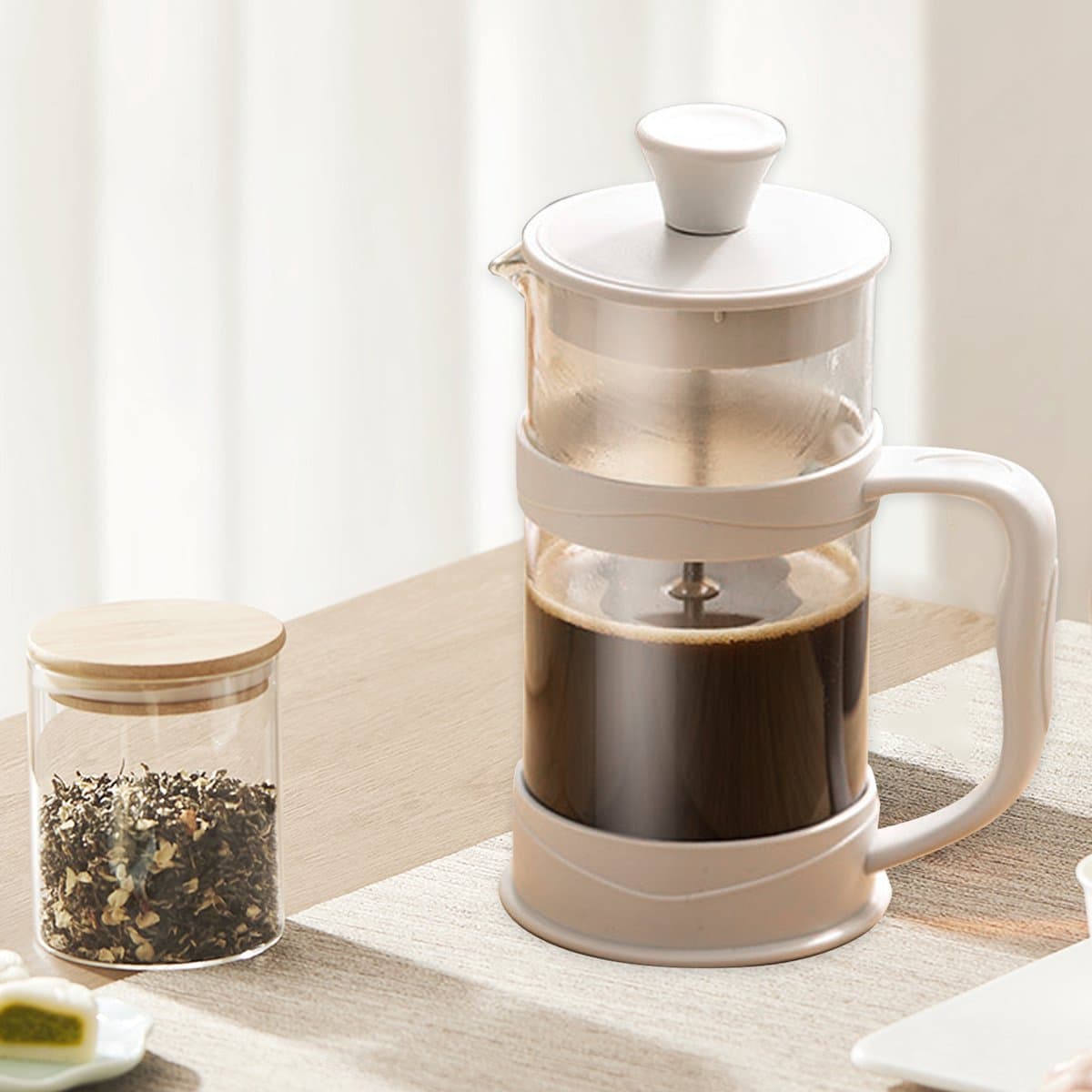 CHIWIN French Press Cafetière - Koffiemaker 1000ml - met 3-Lagen Filter - Dikwandig Hittebestendig Glas - Multifunctioneel - Veiligheidsdesign - voor Koffie, Thee en Zelfs Melkschuim - Wit — afbeelding 1